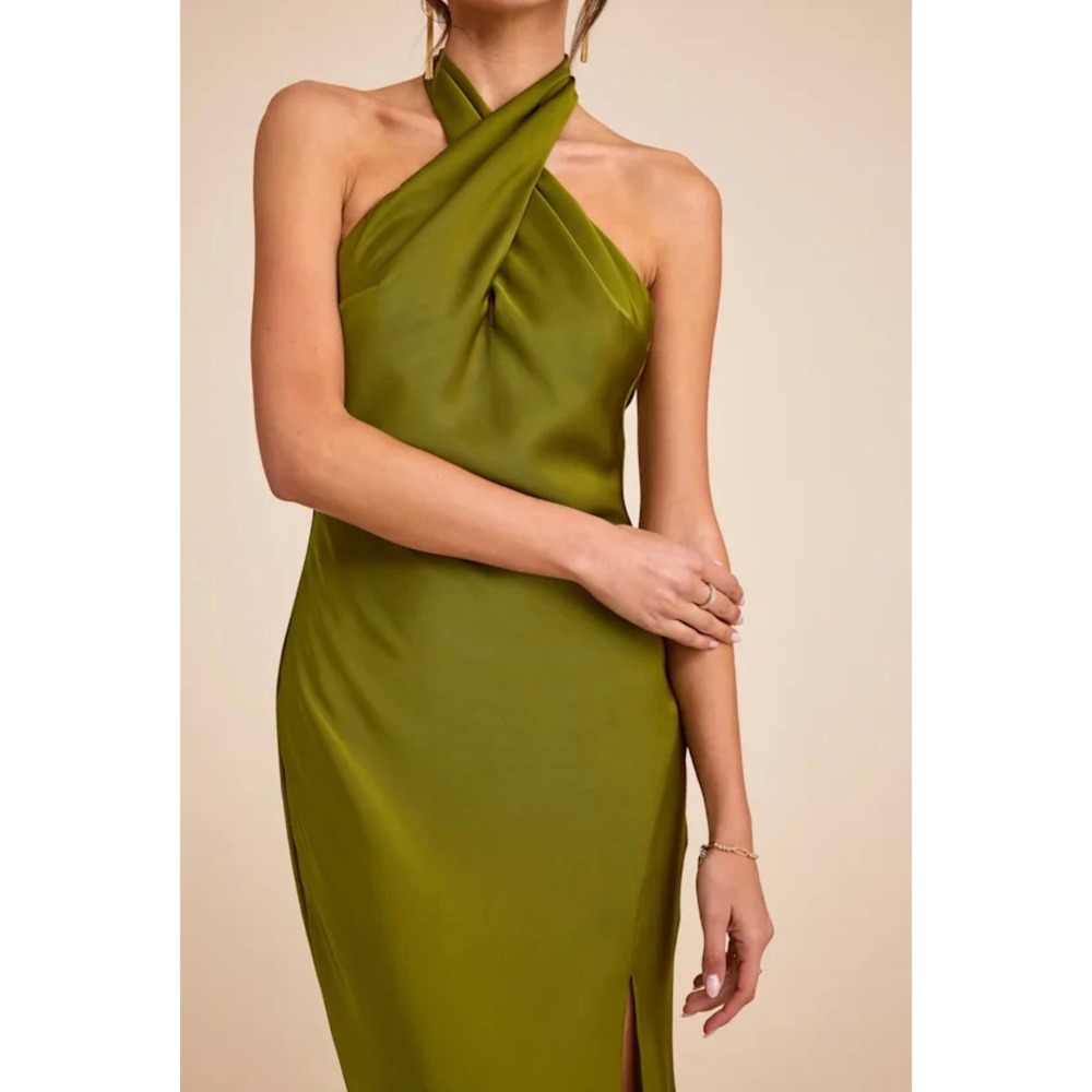 Lulus Olive Green Satin Cross Front Halter Low Back Maxi Dress Large NWT 2701